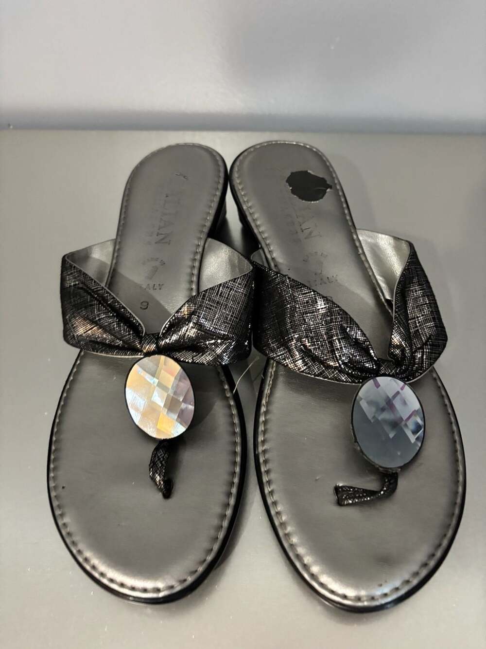 Italian Shoemakers Silver Metallic Wedge Thong Sandals with Gem 9